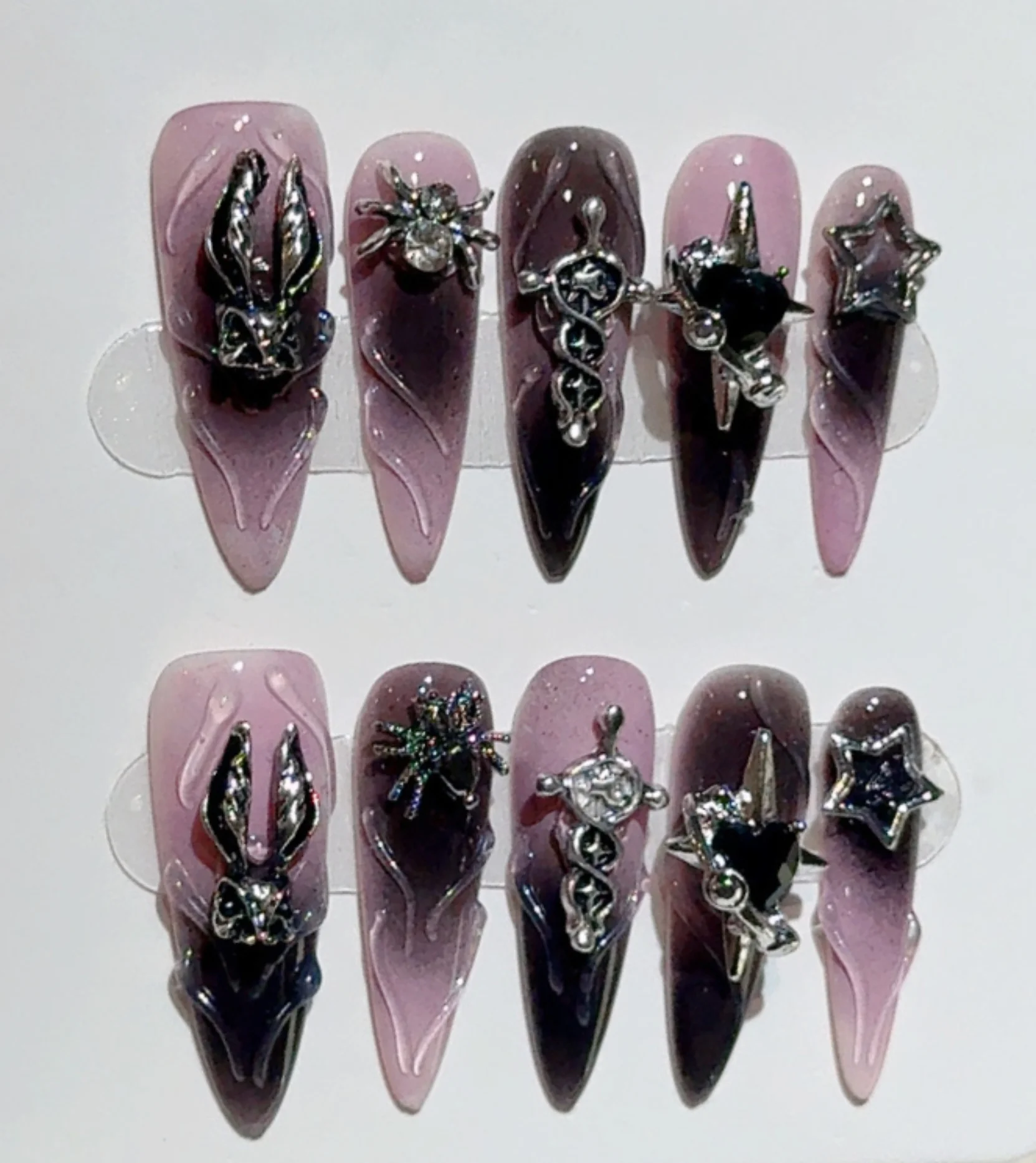 

10PCS MINISO Purely Handmade Punk Dark Series Y2K Detachable 3D Charm Fake Nails Halloween Products