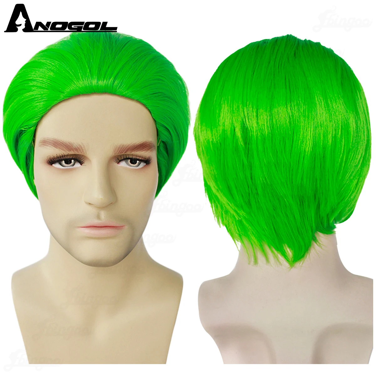 

Anogol Synthetic Joker Cosplay Wig Short Green Slicked-back Heat Resistant Fiber Straight for Halloween Party