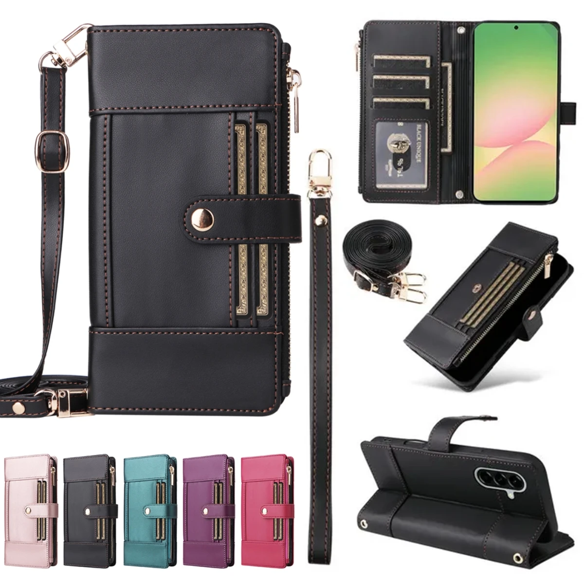 Custodia per telefono in pelle con cerniera per Samsung Galaxy A56 A36 A26 A16 A17 5G A15 A35 A55 Portafoglio per carte Solt con cinturino Cover