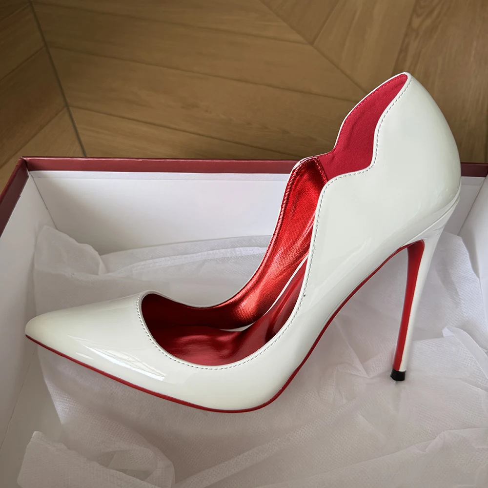 Heelgoo Glossy White Elegant Curl Cut Women Pointy Toe 12cm High Heels Black Dress Shoes Sexy V Cut Lady Wedding Stiletto Pumps