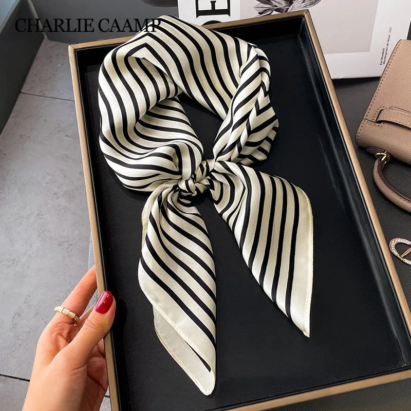 

Women Fashion Geometric Stripes Imitation Silk Square Scarf Simple Neckerchief Girl Gift High Grade Satin Headband Shawl Scarves