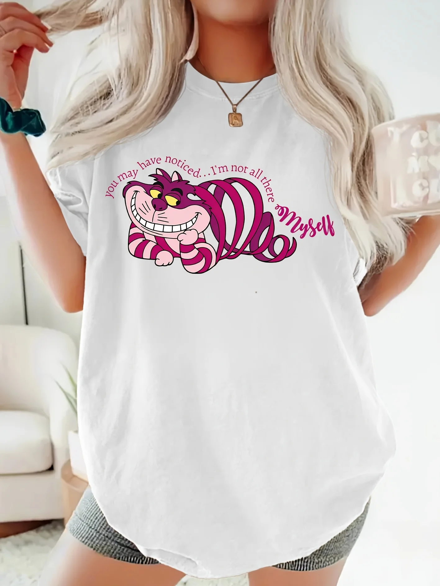 Disney ‌ Camiseta loca de Cheshire Cat Alice en el país de las Maravillas, Camiseta Vintage de algodón para hombres y mujeres, Camiseta informal de manga corta con cuello redondo de gran tamaño a la moda