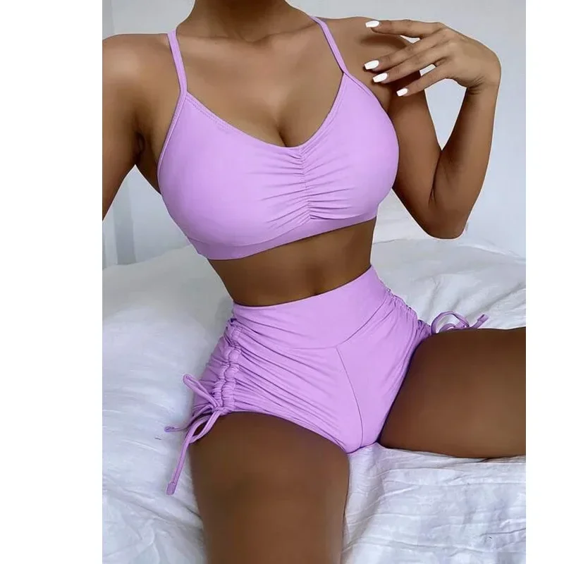 New High Waist Bikini Set Tankini Swimsuit Women Drawstring Swimwear Female Bathing Suit 2024 Mujer Swimming Beach Wear Summer