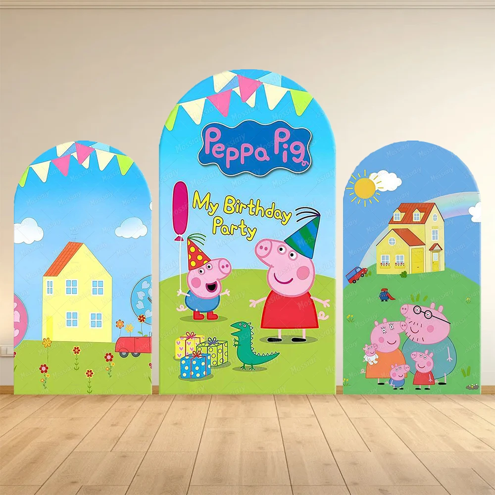 Housse de fond d'arche pour fête de famille Peppa Pig, décoration de fête d'anniversaire pour garçons et filles, toile de fond photo, tissu extensible double face