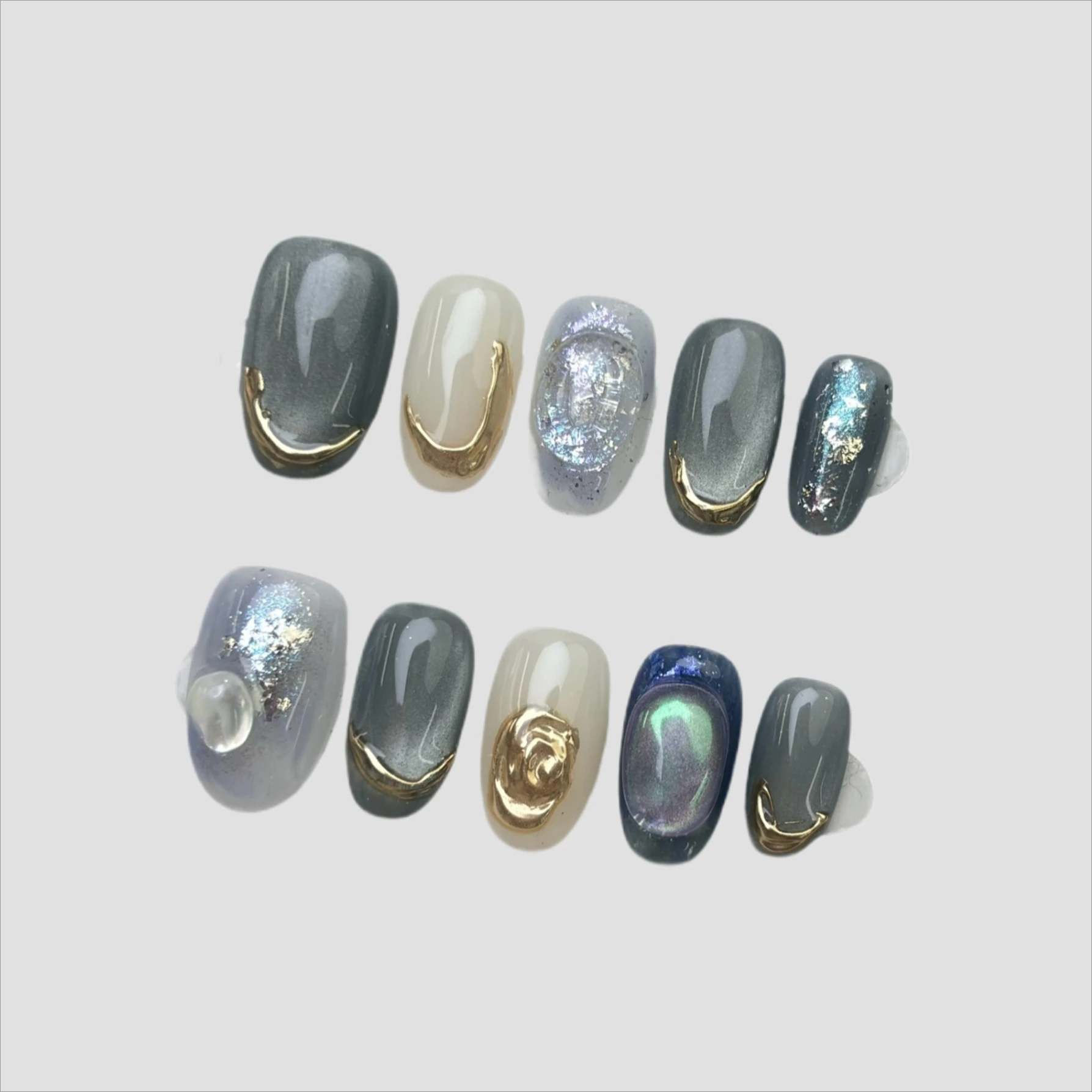 10 Uds. De uñas postizas de ojo de gato con purpurina de ensueño, uñas postizas elegantes de almendra, polvo cromado, arte de uñas reutilizable, uñas naturales simples para regalo