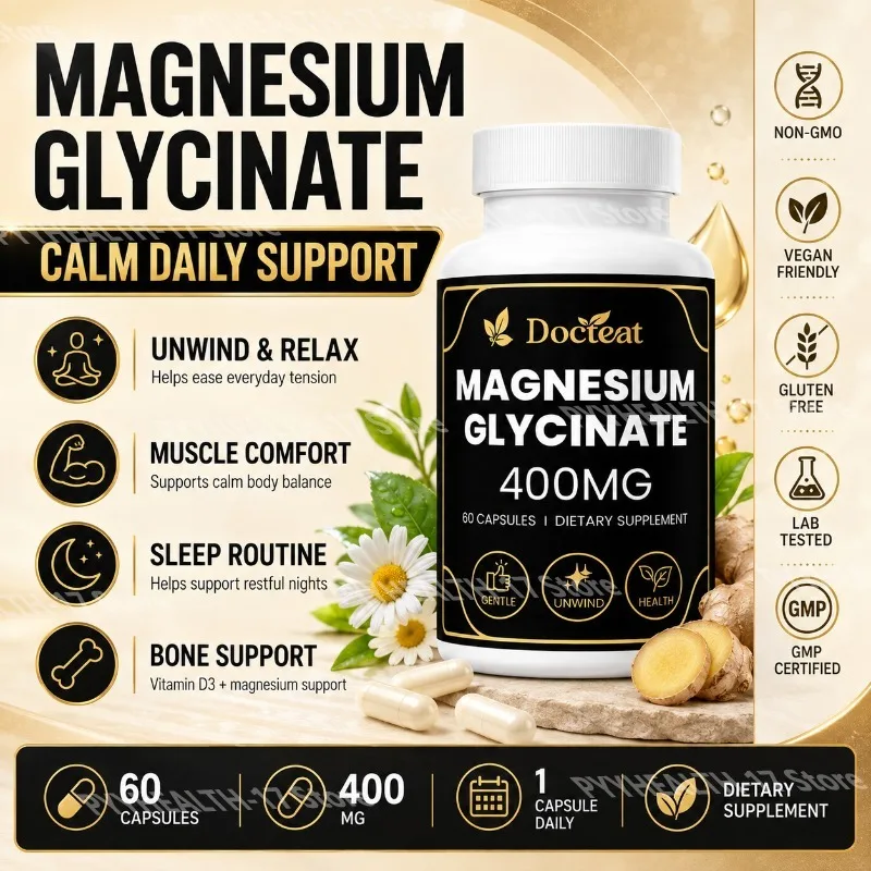 Docteat Magnesium Glycinate 400mg Capsules for Sleep, Relaxation, Muscle Comfort & Bone Support, Vegan, Gluten Free, 60 Count