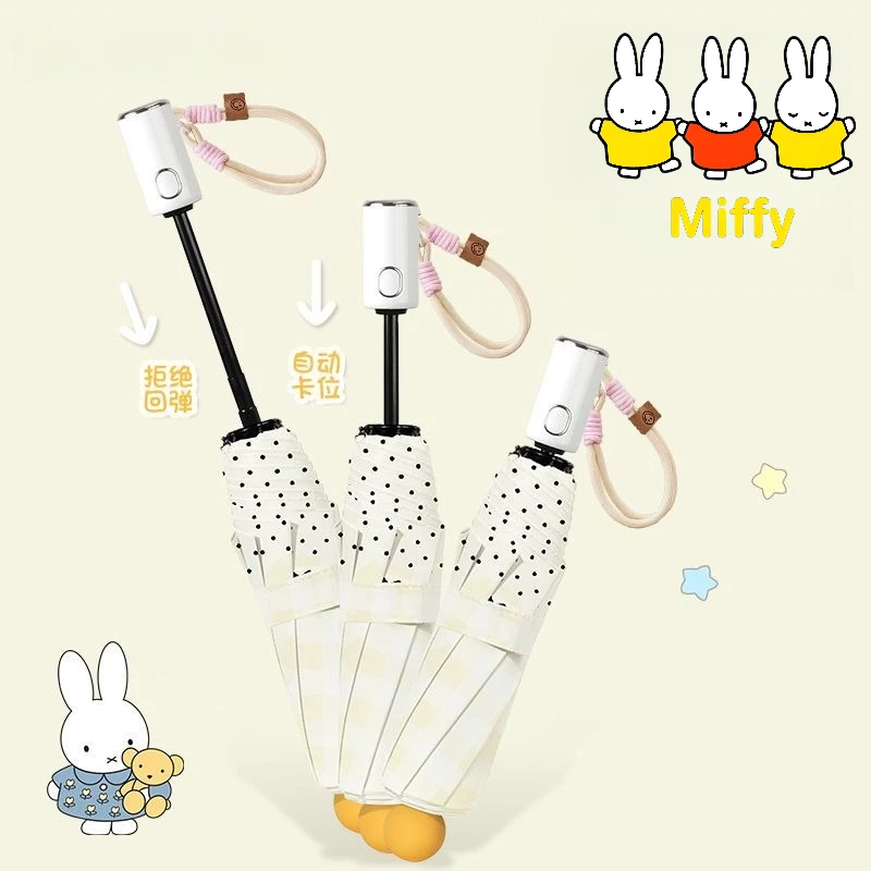 Kawaii Miffy Umbrella Cute Cartoon Miffy Fully Automatic Umbrella Dual Function Black Rubber Folding Umbrella for Portability