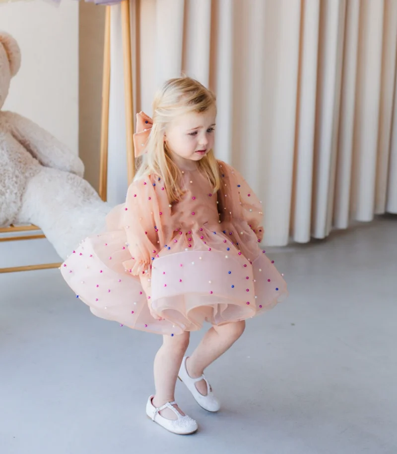 Vestidos de manga larga para niña, vestidos de flores para invitados de boda, dama de honor con perlas de lazo, tul, primera comunión