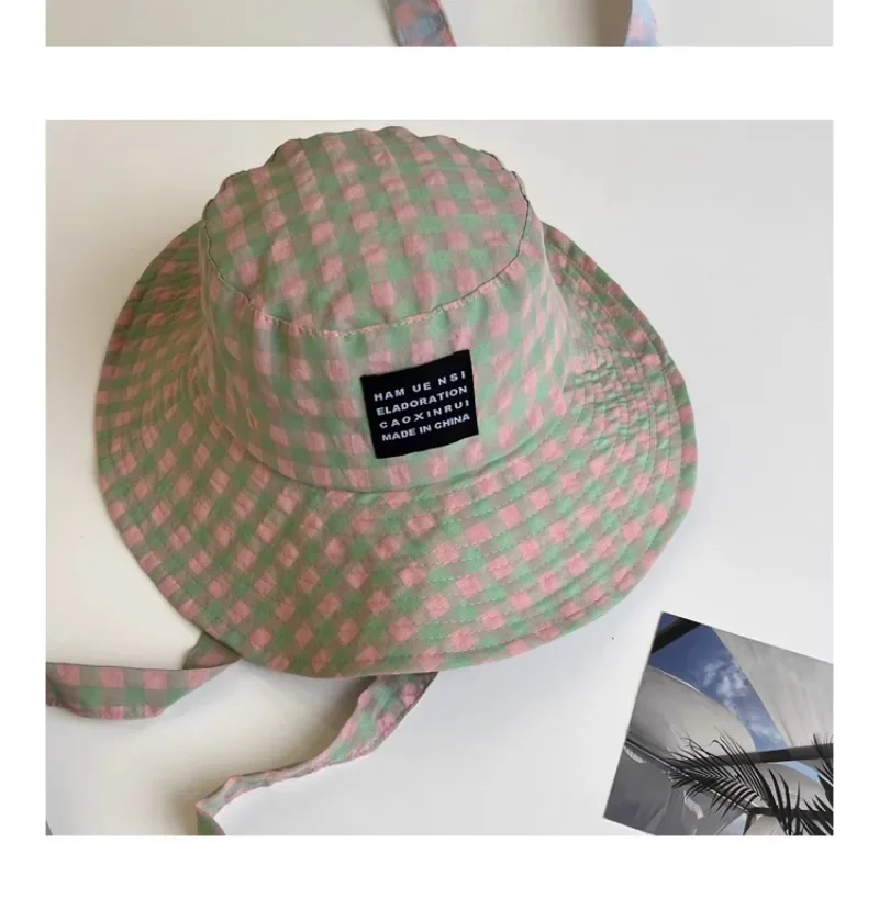 Ins Blogger Retro Plaid Tie Strap Eimer Hut Frauen Sommer Reise Vielseitig Fischer Hut Mädchen Mode Beliebte Breite Krempe Sonne Kappe – Detail 21