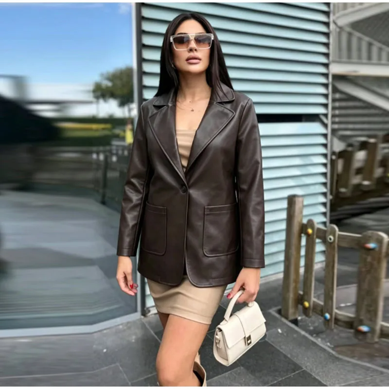 2026 Autumn Faux Leather Blazer Jacket Lapel Collar Single Breasted Big Patch Pockets Loose Vintage Minimalist Outerwear Coat