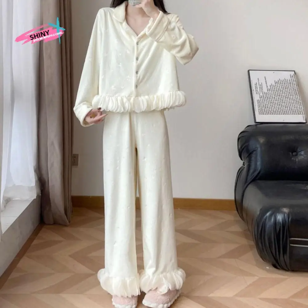 

Long Sleeve Plush Bow Pajamas Set Sweet Ruffle Velvet Pajamas Suit Long Sleeves Casual Warm Thicken Sleepwear Autumn Winter