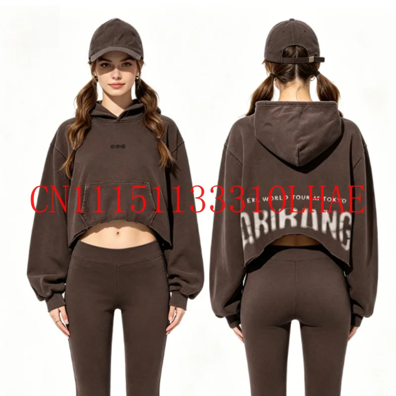 2026 Brauner gewaschener Distressed Cropped Hoodie mit ARIRANG-Print, kurzer Oversized Hoodie, lässiges Streetwear-Sweatshirt