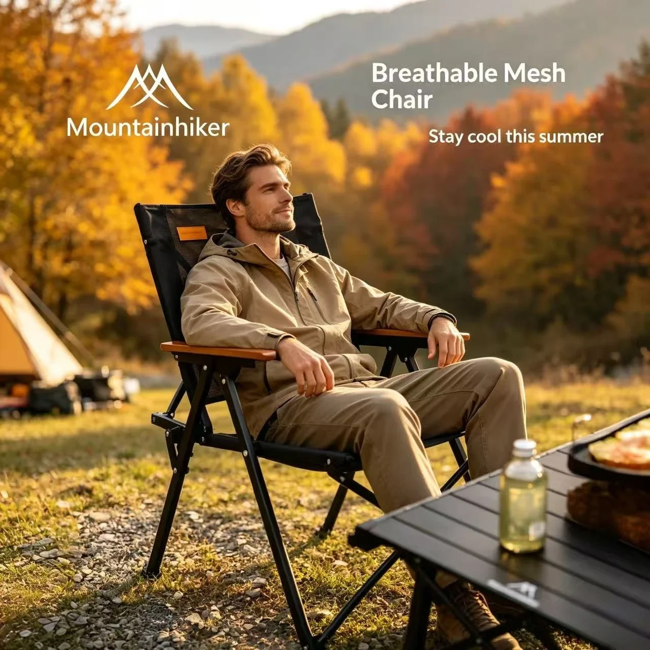 Mountaineer Breathable Mesh Camping Chair Wooden Armrest Portable Folding Outdoor Chair Beach Fishing Picnic Black Summer
