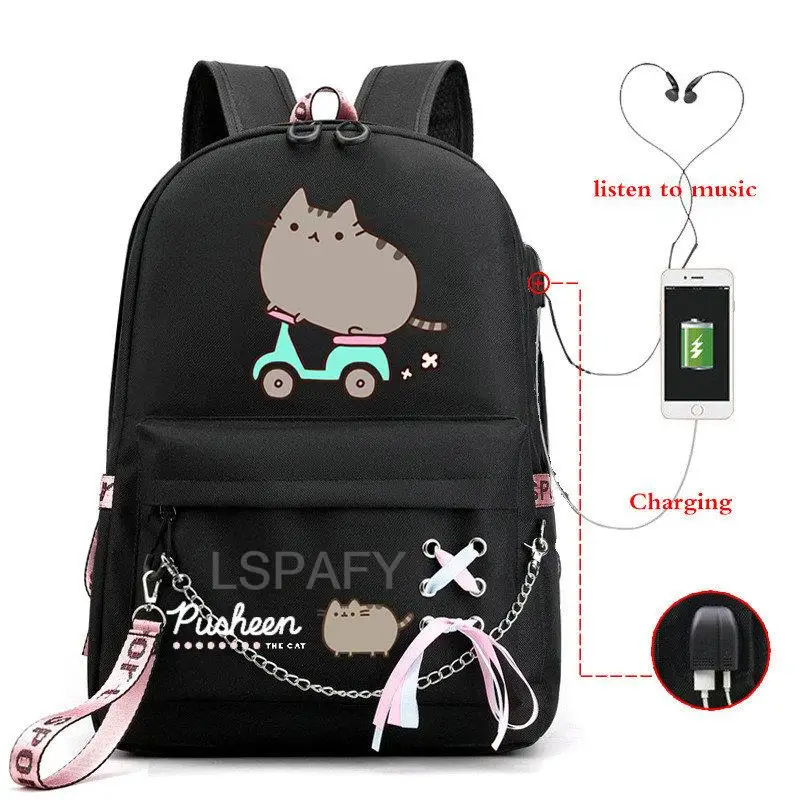 Sac à dos Oxford imprimé chat, Kawaii, pour ordinateur portable, livre d\'école pour fille, à bandoulière, avec chargeur USB, pour voyage, cadeau