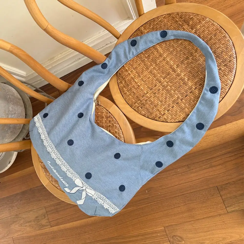 

Fashion College Style Bow Embroidery Tote Bag Leisure Sweet Denim Dumpling Bag Commuting Casual Polka Dot Shoulder Bag Travel