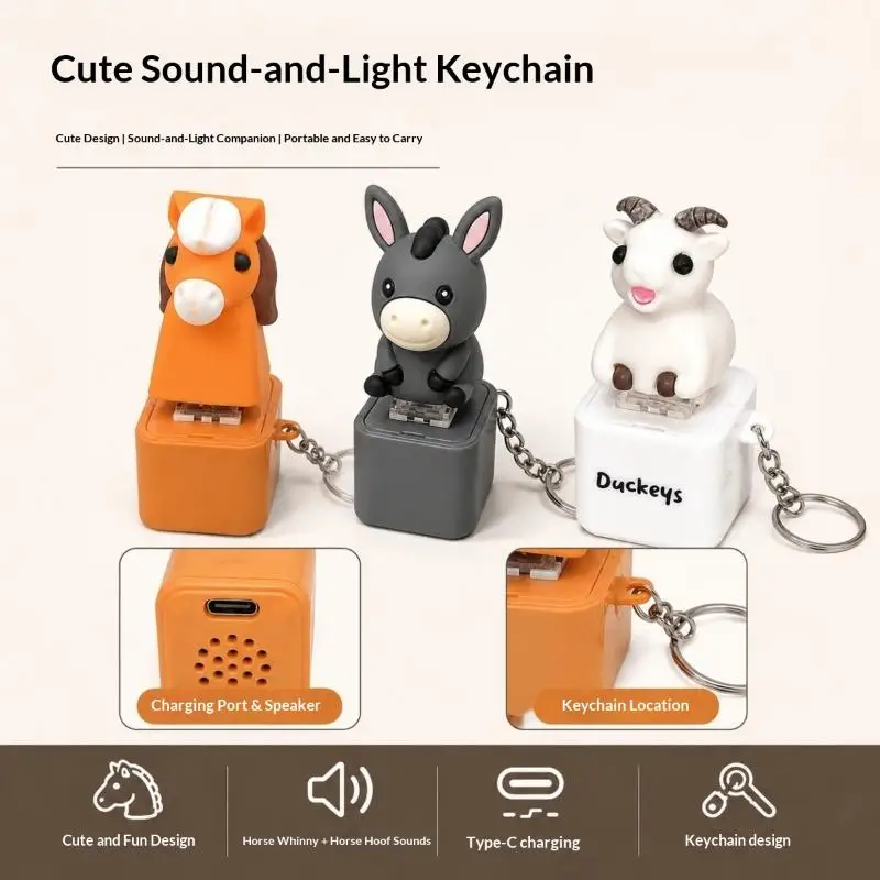 Anti-Stress Sounding Horses Cows Sheep Donkeys Pigeons Keychain LED-Glowing Fidget Button Cute Animal Rechargeable Keyring
