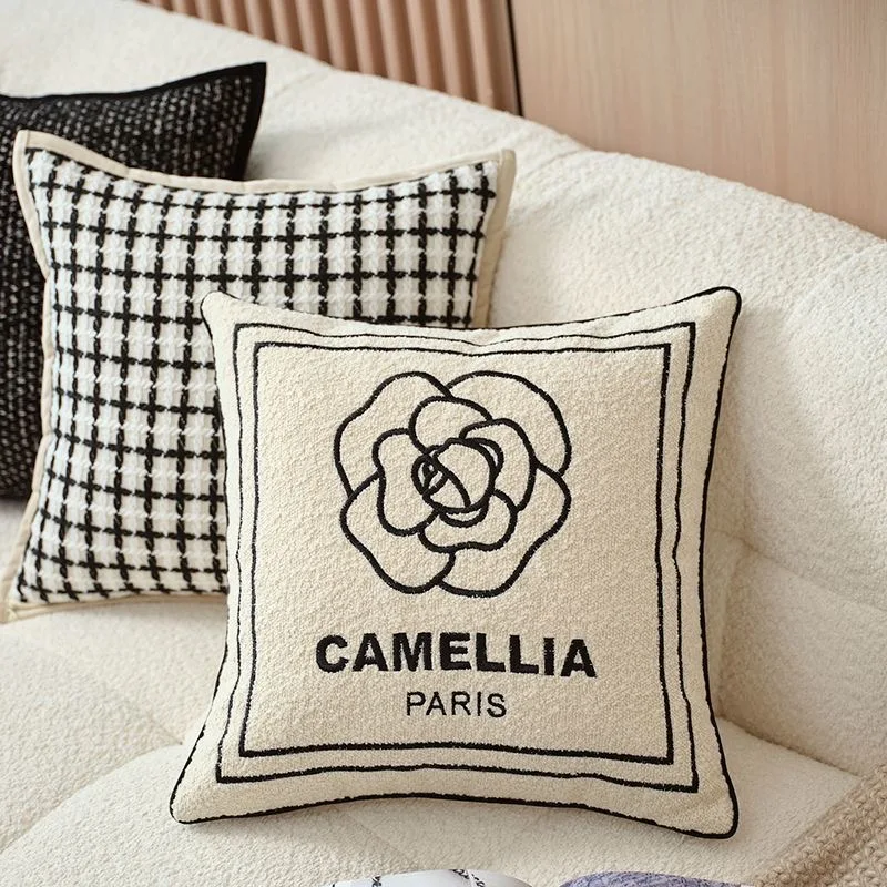 

Black and white camellia small fragrance modern simple light luxury square luxury sense bedroom living room pillowcase