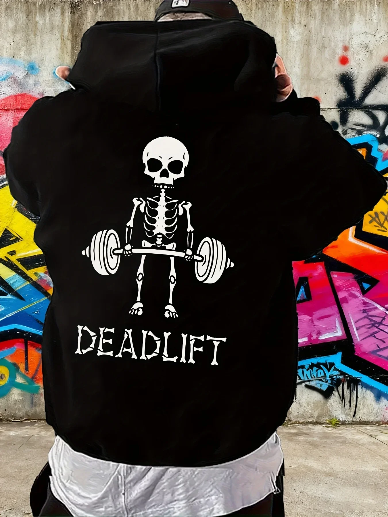Moletom com capuz para homens, com estampa de esqueleto para levantamento de peso, ideal para treino na academia, fitness, musculação e streetwear.