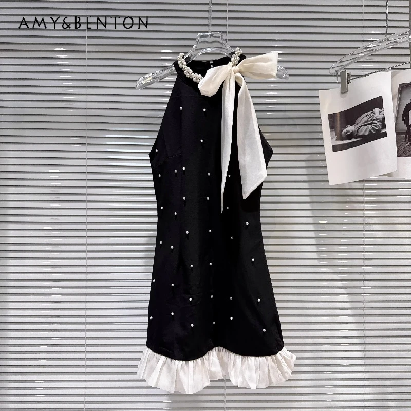 

2026 Summer New Women's Sleevelese Dress French Design Pearl Beaded Edge Lace Splicing Bow Tie Temperament Sling Dresses Ladies