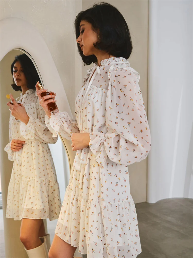Tossy White Printed See-Through Mini Dress For Women Chiffon Patchwork Lace-Up Fashion Commute Dress Female Summer Bodycon Dress
