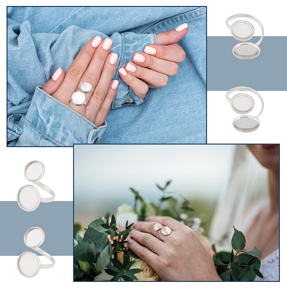 16Sets DIY Cuff Ring Making Kit Size 7 3/4 Open Bezel Tray Stainless Steel Finger Double Design Cabochon Bases with Cabochons