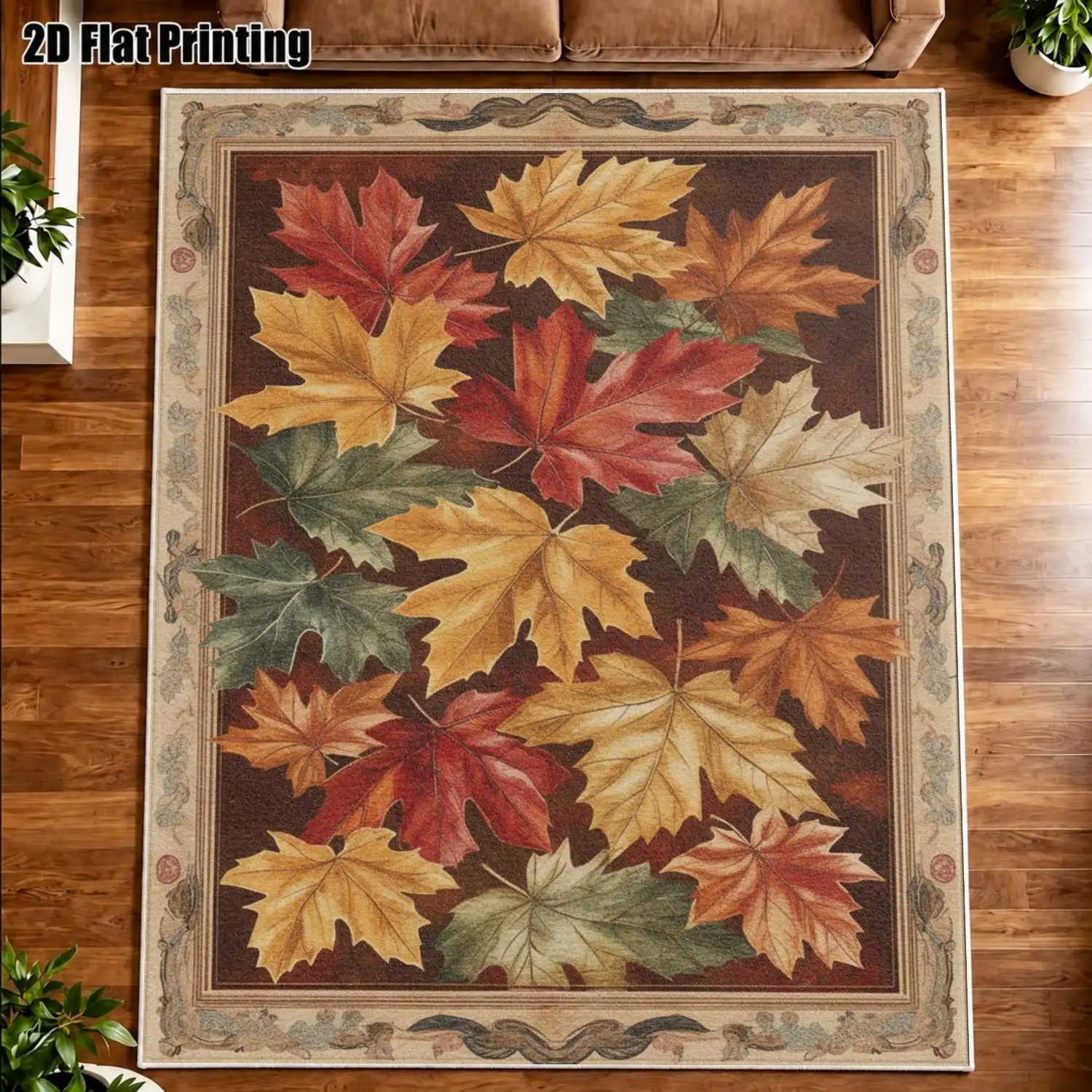 1Pc 2D Printed Retro Colorful Maple Leaf Velvet Carpet, European Modern Minimalist Instagram Style Home Decor Floor Mat, Machine Washable, Multi-Size, Multi-Scene Use