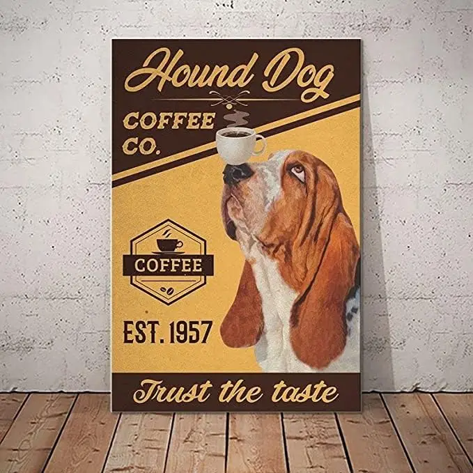 Tin Sign Basset Hound Dog Coffee Co Trust The Taste Funny Novelty Metal Sign Retro Wall Decor for Home Gate Garden Bars