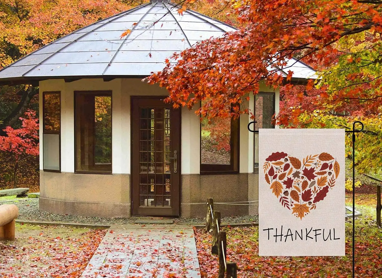 Thankful Garden Flag Burlap Autumn Leaf Heart Thanksgiving Garden Flag, Double Sided Happy Fall Harvest Rustic Yard Outdoor jjp