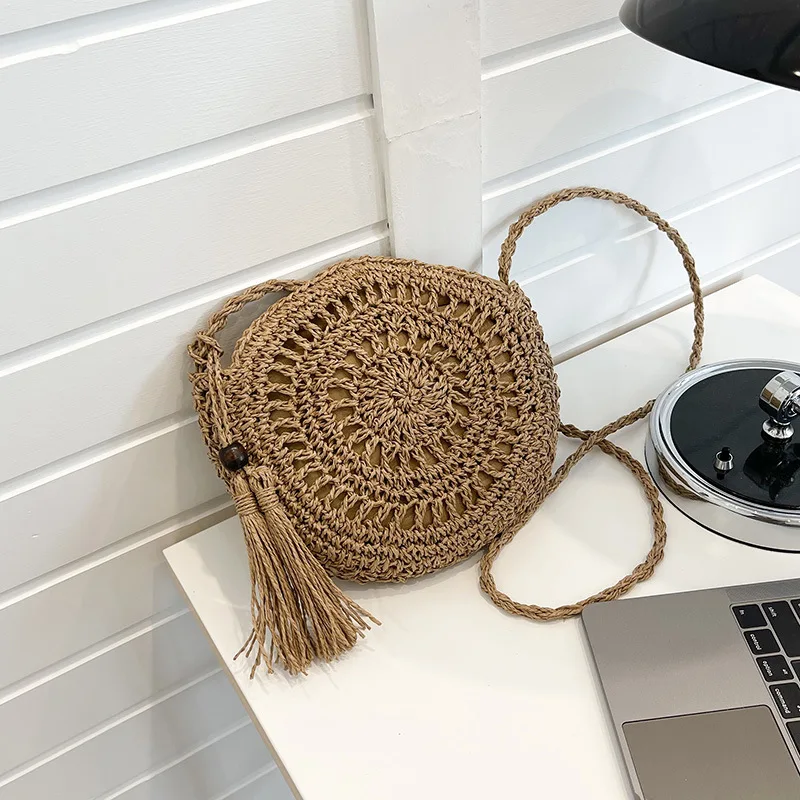 Rattan gewebte Frauen Stroh Umhängetasche kleine Clutch Geldbörse und Handtasche Sommer Strand tasche Frau Quaste Schulter Umhängetasche – Detail 15