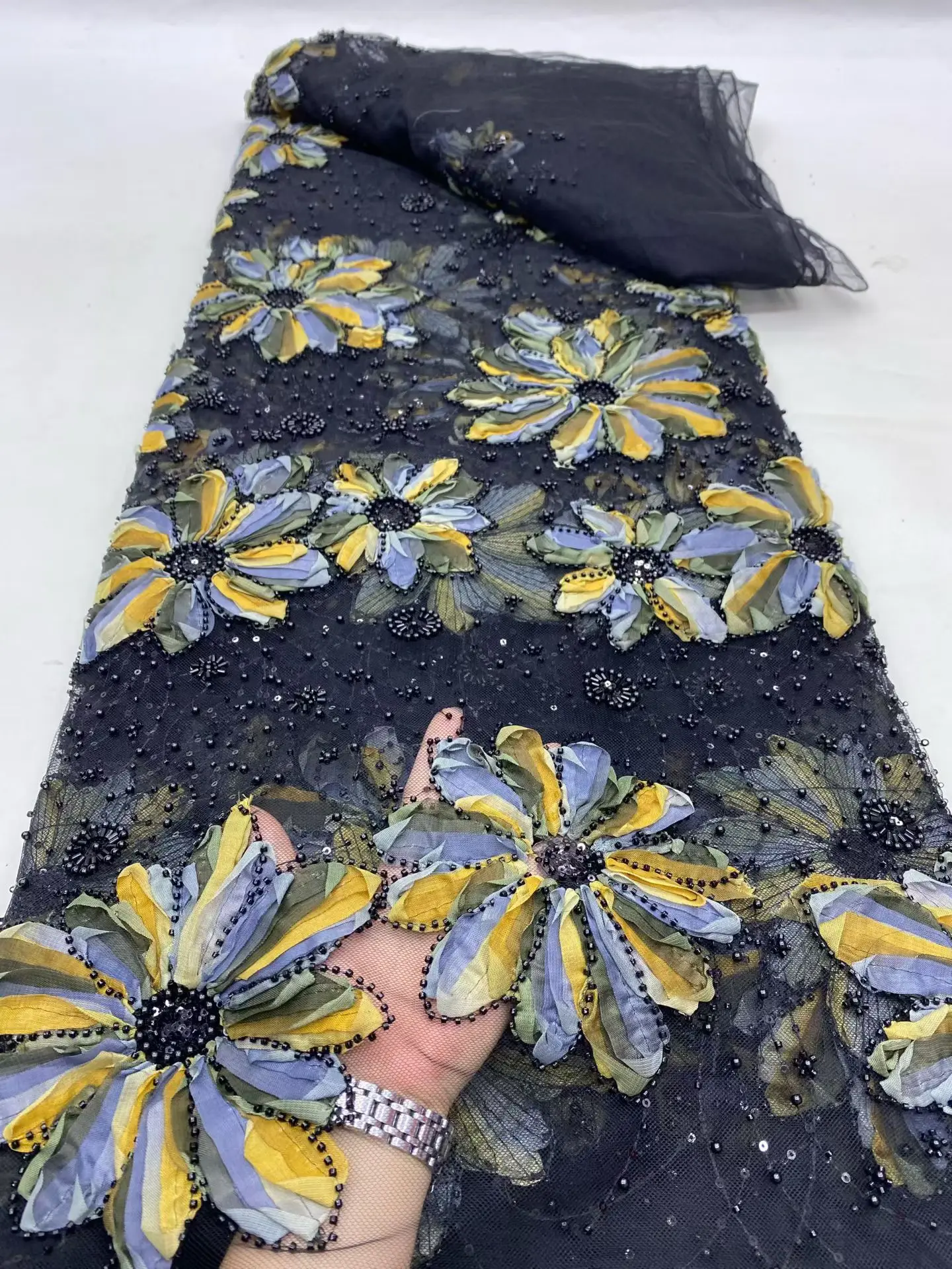 

2025 Nigerian Sequins Tulle Lace Fabric High-Quality Embroidery African Net Cloth for Prom Dresses Beads DP0481 5 Yards