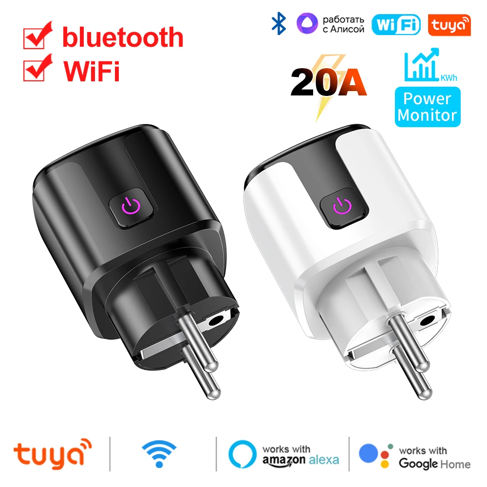 Tuya WiFi Smart 20A EU Plug with EU Electricity Statistics Timing Switch Remote Control Voice Alexa Google Home Yandex Alice