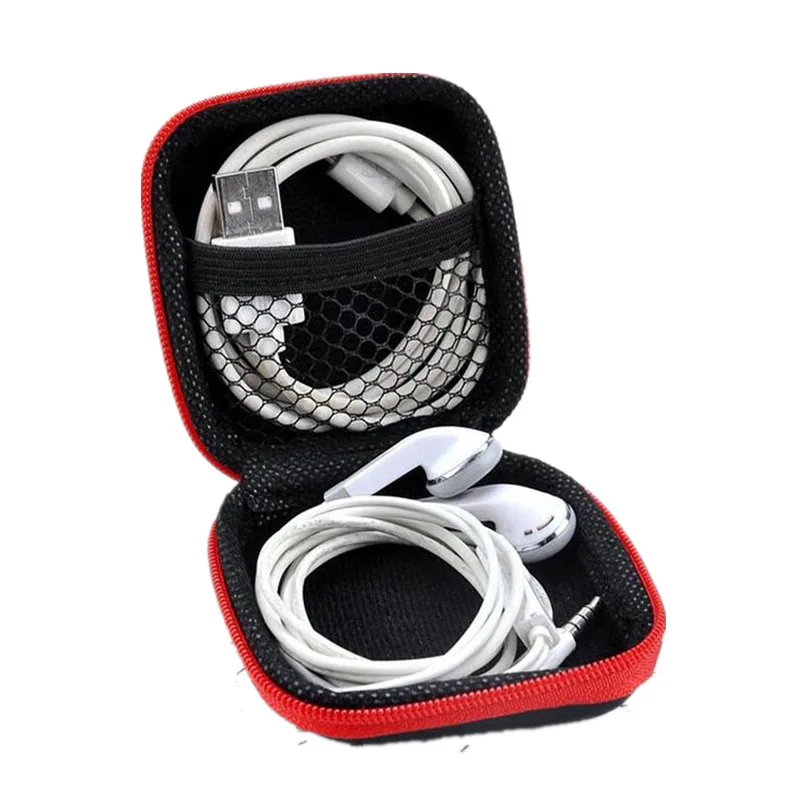 Estuche portátil con cremallera para auriculares, caja de almacenamiento con forma cuadrada, de cuero PU, con línea de carga, Cable de datos USB,