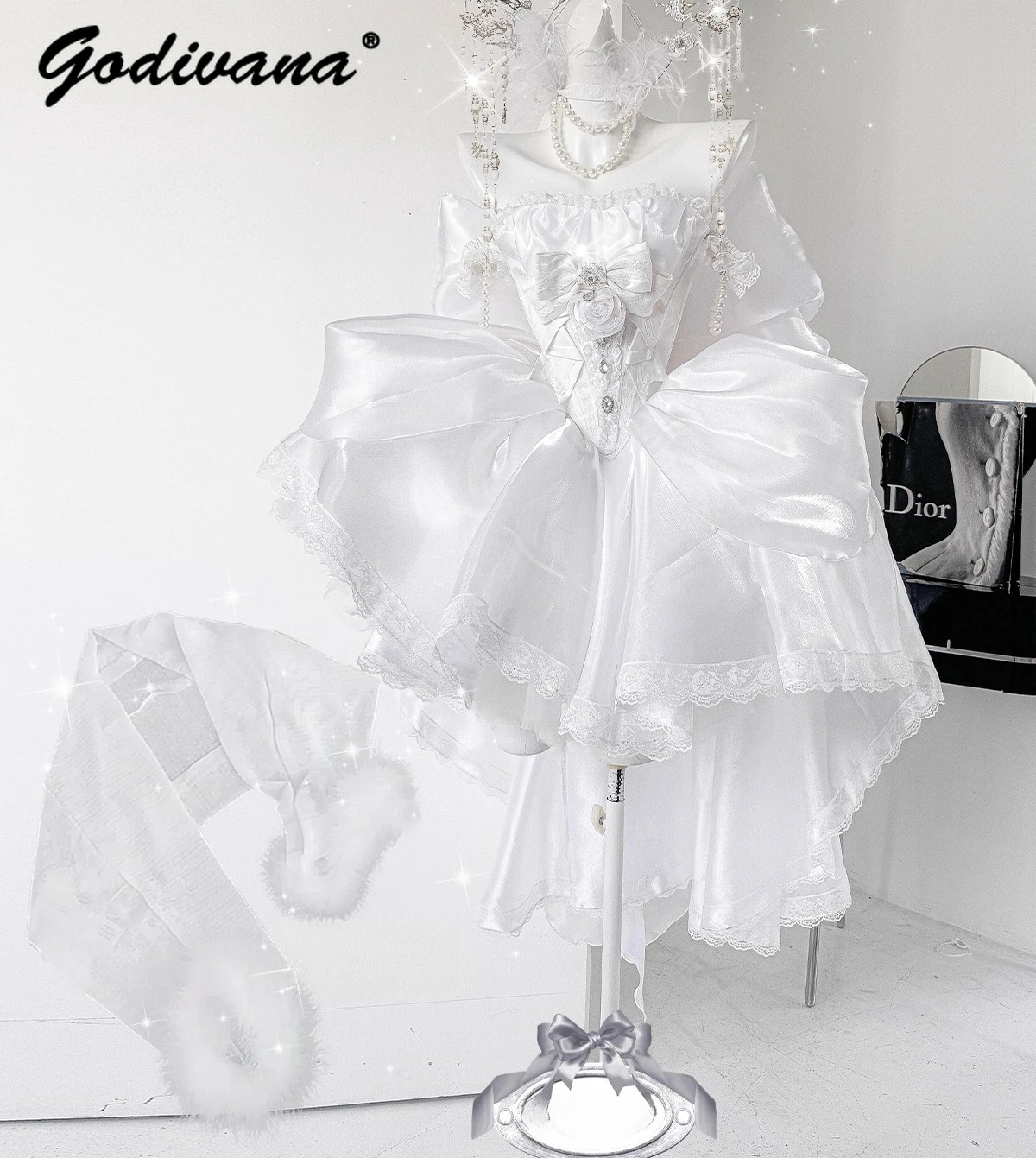 

Свадебное платье в стиле Лолиты с белым цветком, милый женский топ без бретелек для девочек, юбка-труба с большим бантом, комплект платья феи принцессы