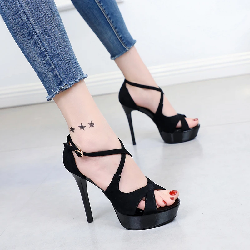 

Platform Peep Toe Cross Strap Women's Sandals Hollow Buckle Suede Pure Black Sexy Gladiator Shoes Stiletto High Heels Roman Shoe