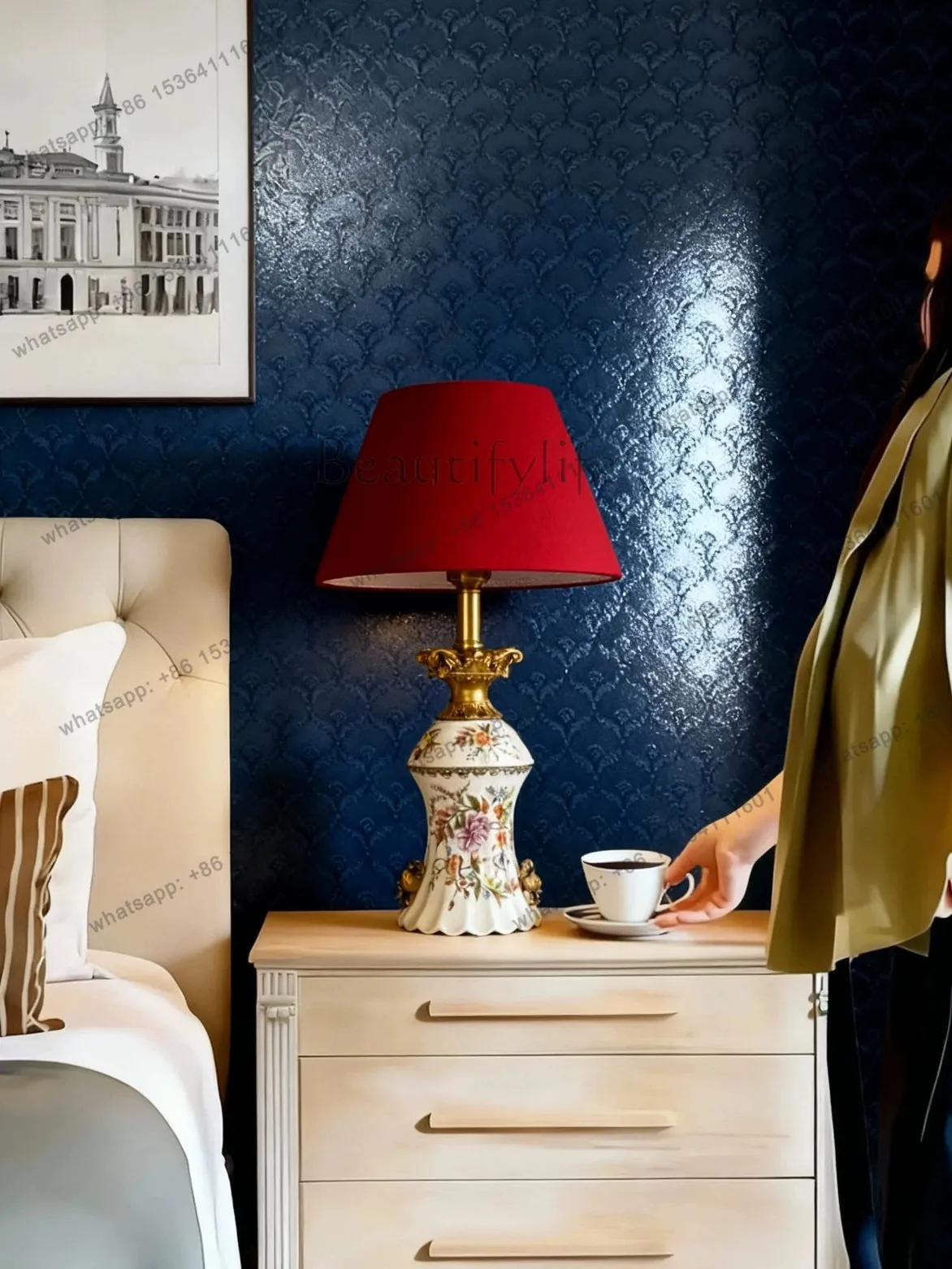 Red bedroom American retro bedroom French bedside smart luminous object