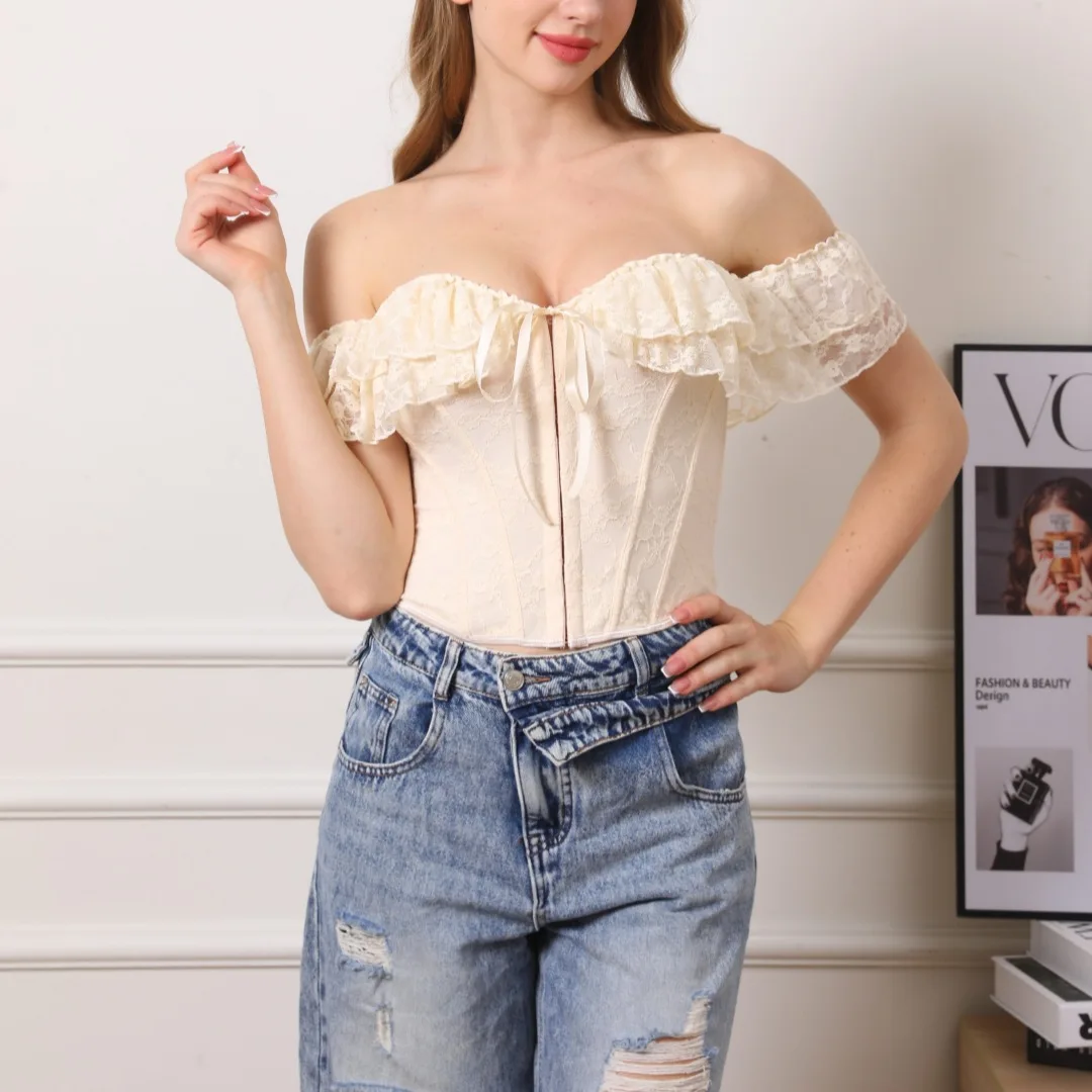 

French Elegant Fishbone Corset Women Lace Strapless Tops Shaping Skinny Vest Fashion Party Rave Bustier Slim Fit Tank Top Summer