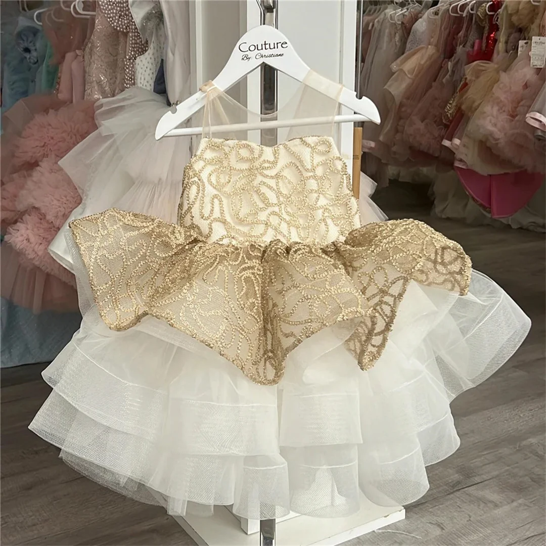 

Gold Thread Decoration Exquisite Princess Pearl Beading Appliques Vestidos Cascading Solid Mesh Kids Birthday