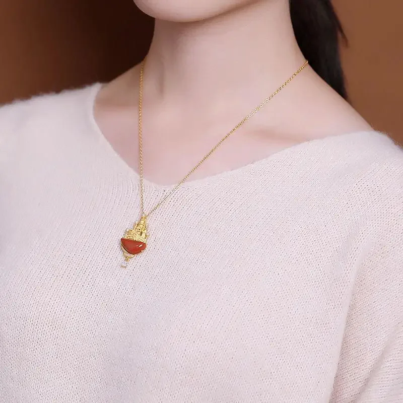 Gorgeous and Exquisite Style Gold Color Castle on Imitation Natural Red Agate Necklace Women's French High End Banquet Necklace