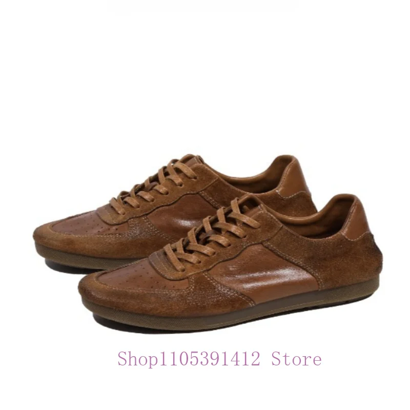 Vintage Men Training Sneakers Genuine Leather Lace-up Casual Shoes Handmade Horsehide Soft Breathable Driving Shoes