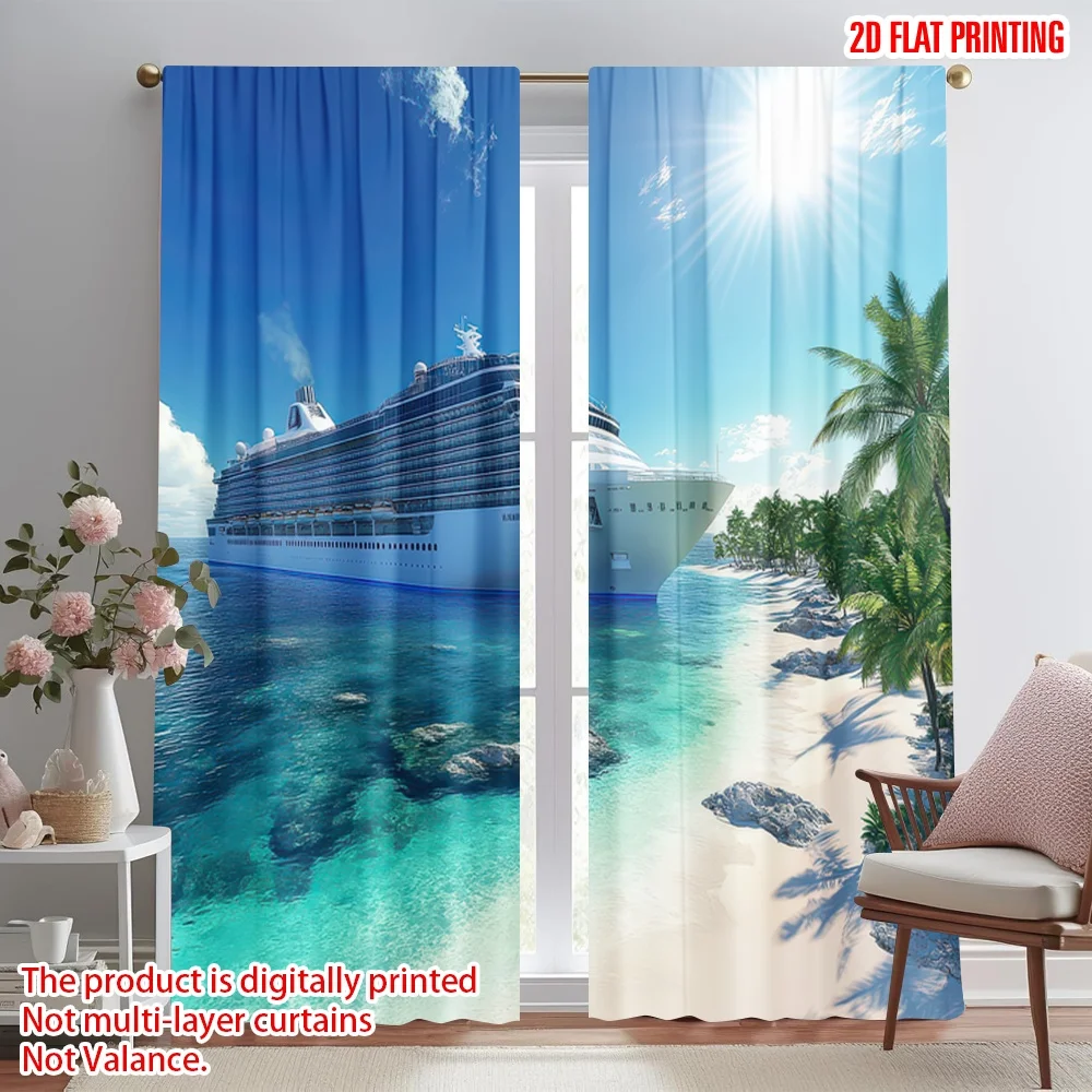 

2D flat printing 2pcs Curtain Cruise Ship Tropical Scene Digital Printed Polyester Drapes Holiday Decorations for Photo Booths &