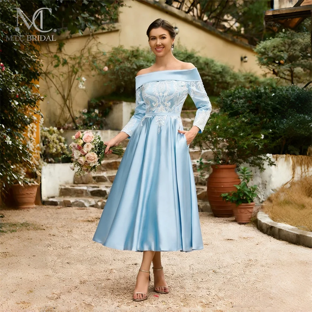 

Wholesale Light Blue Bridesmaid Dresses 2026 Off The Shoulder Full Sleeves Lovely Appliques Satin Maid Of Honor Gown For Wedding