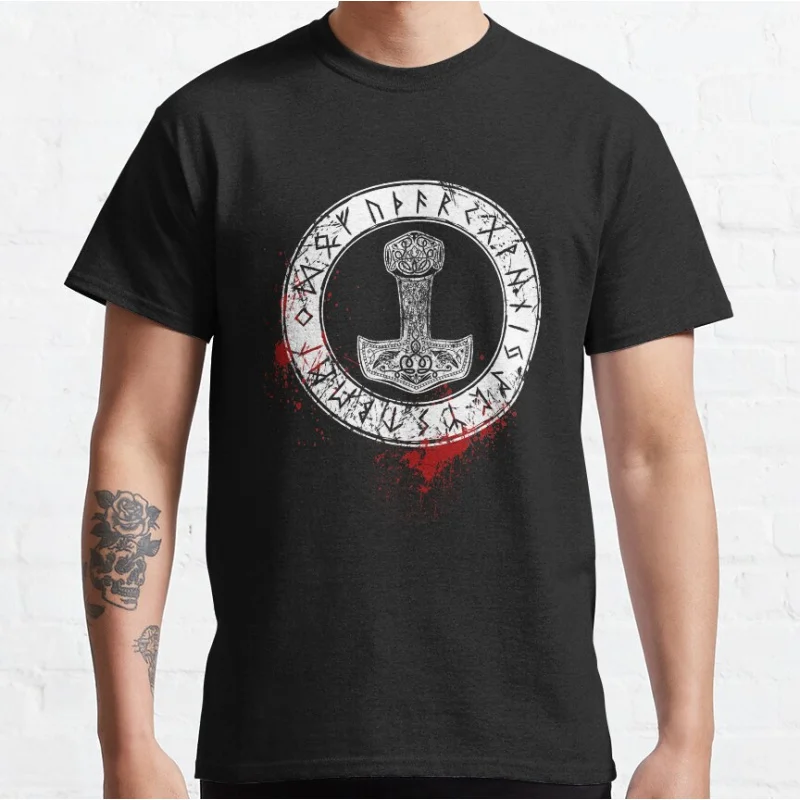 

Thor's Hammer and Runes Viking Norse Mythology Nordic rune valhalla Short-sleeve crewneck T-shirt Large size Adult S-6xl Tops