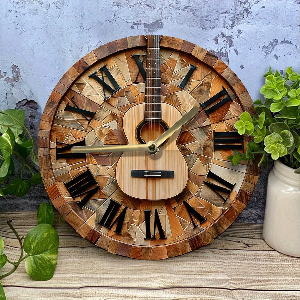 Aluminum Silent Wall Clock with Guitar Design-Definition–Artistic Decor for Living Room,Unique Gift for Music Lovers