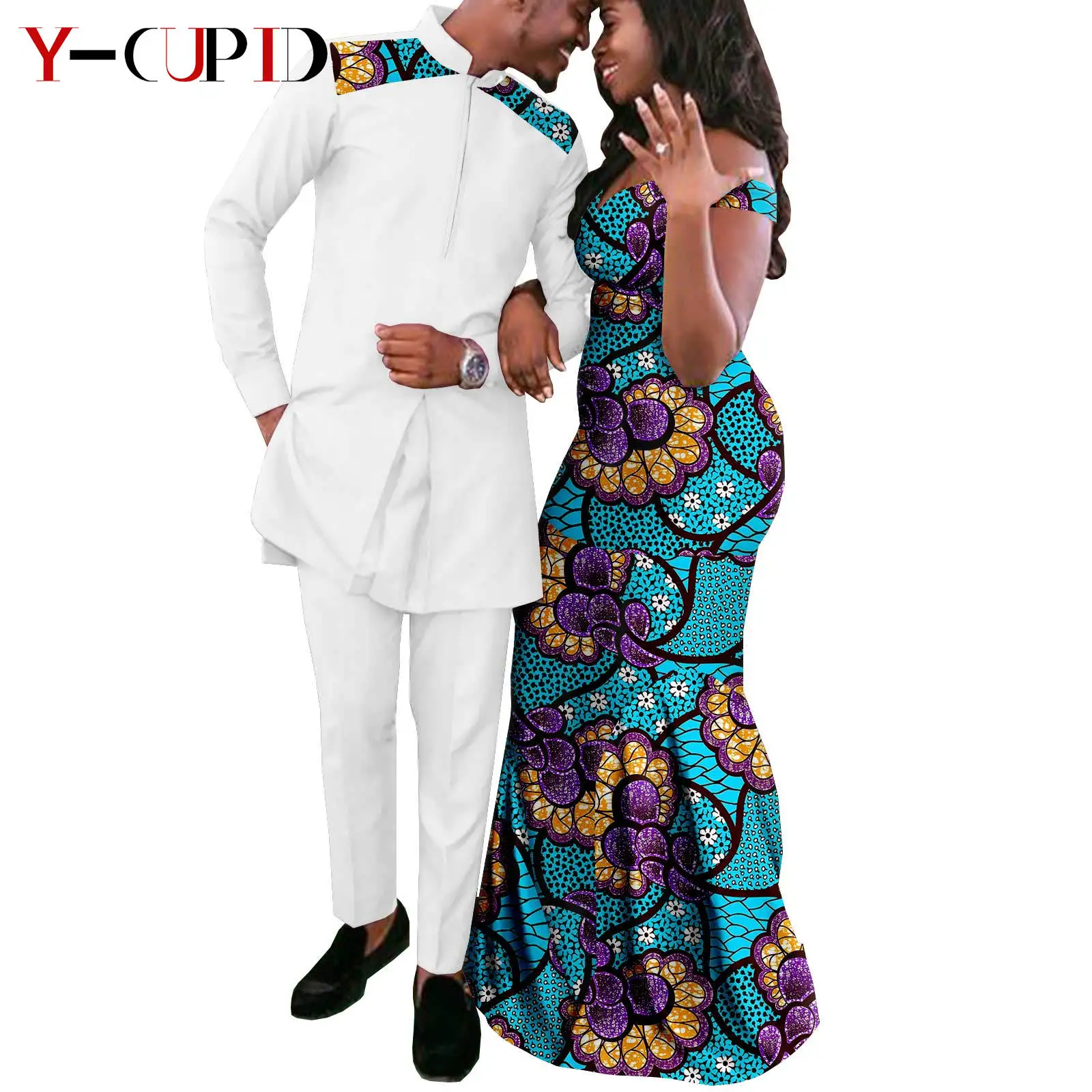 African Couple Clothes Dashiki African Print Long Dresses for Women Matching Men Outfits Patchwork Jackets and Pant Sets Y22C044
