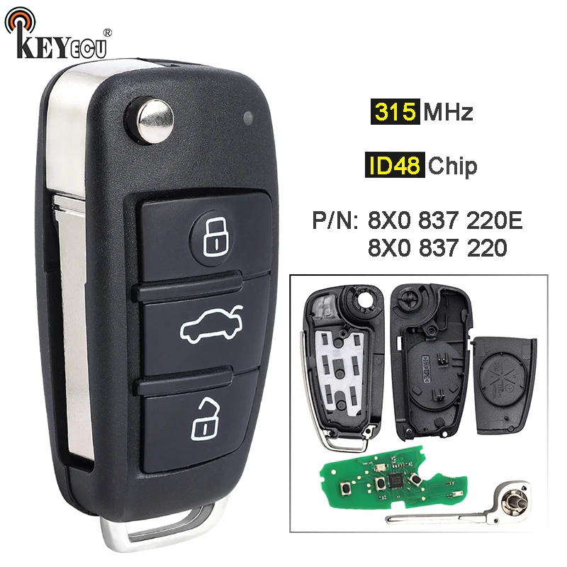 

KEYECU 315 МГц ID48 чип 8X0 837 220 E, 8X0 837 220 откидной пульт дистанционного управления без ключа для Audi Q3 201 2013 2014 2015 2016