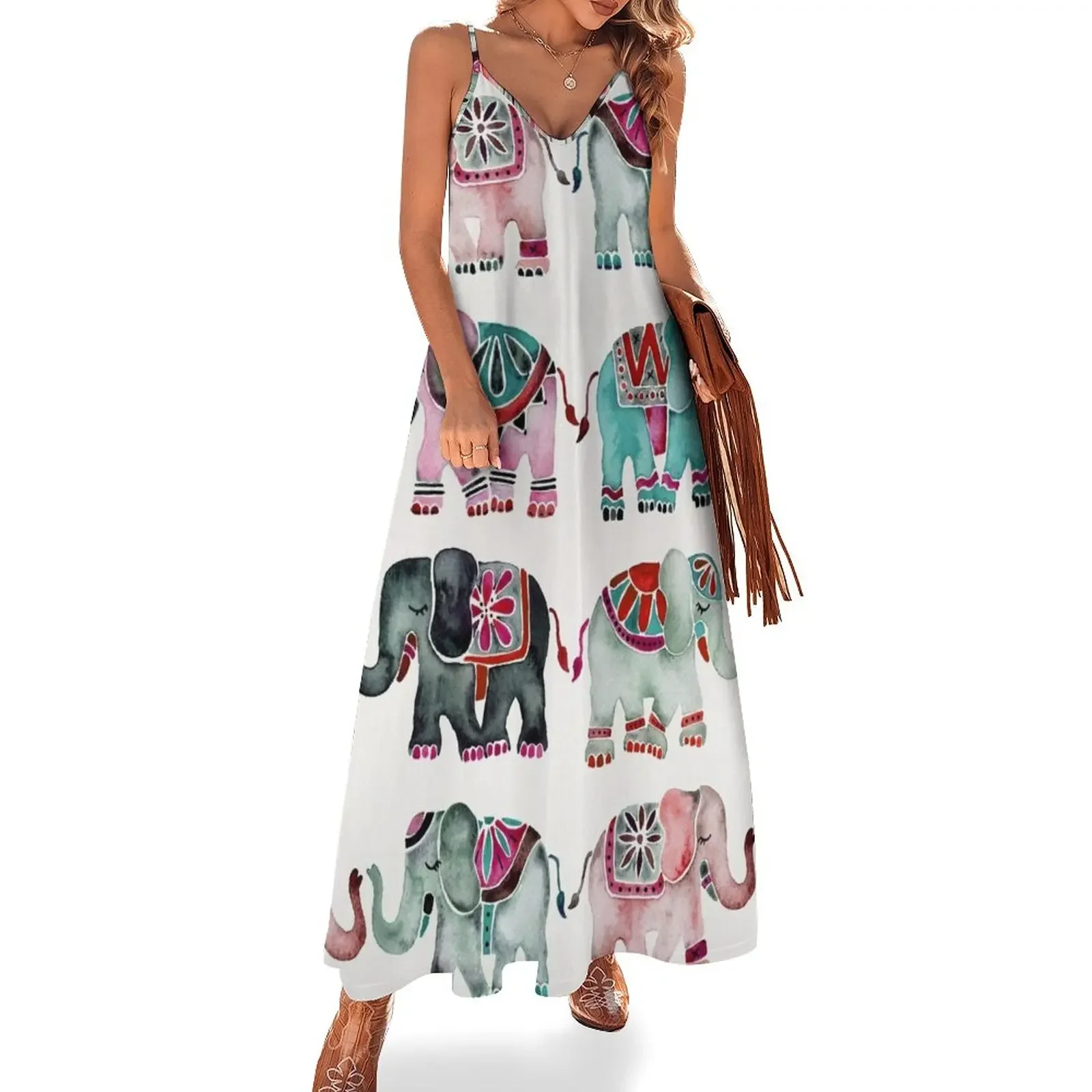 

Elephant Collection – Turquoise & Coral Palette Sleeveless Dress Women's summer dress summer clothes Women's summer suit