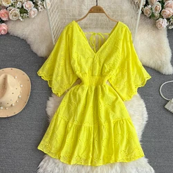 Vintage Hollow  Embroidery High Waist  Dress Fairy  A-line Short Sleeve Dress Chic Summer Beach Vestidos Women Vacation Sundress