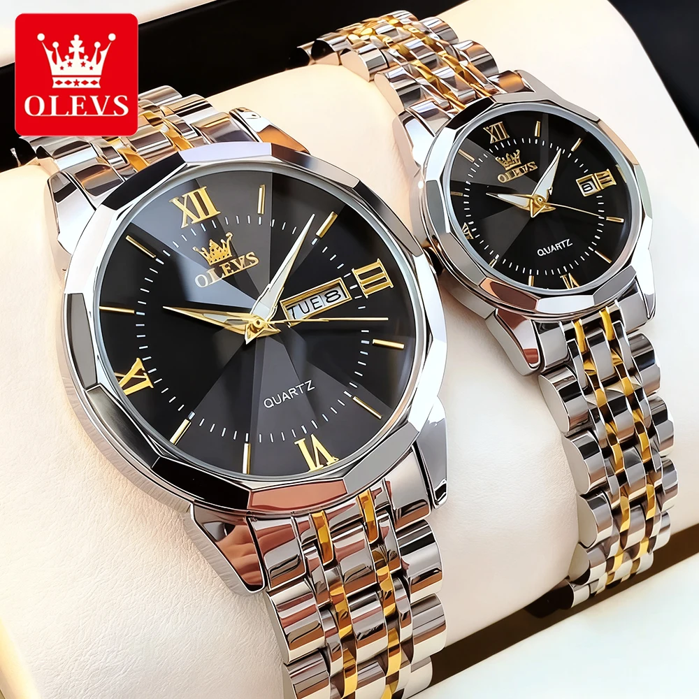 OLEVS Couple Watches Trend Fashion Stainless Steel Top Brand Original Quartz Wristwatch Waterproof Luminous Date 2Pcs Watch 9989
