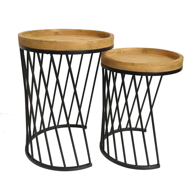 Solid Wood Surface Wrought Iron Sofa Side Table for Small Apartment Living Room Bedroom B&B Sets Furniture Home Decor