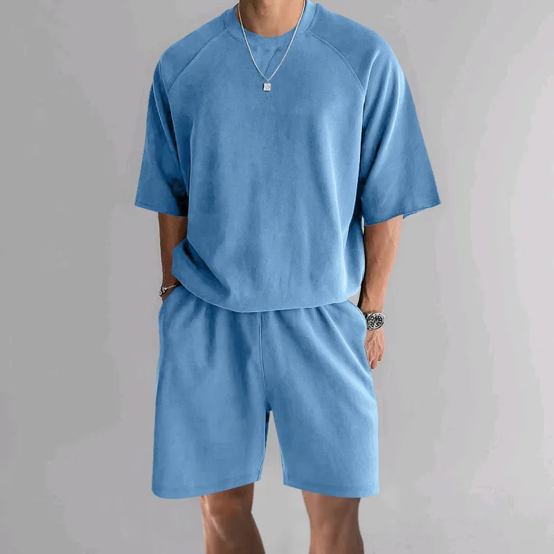 

2025 new cross-border new summer shorts short-sleeved men's terry casual round neck sports men's two-piece suit